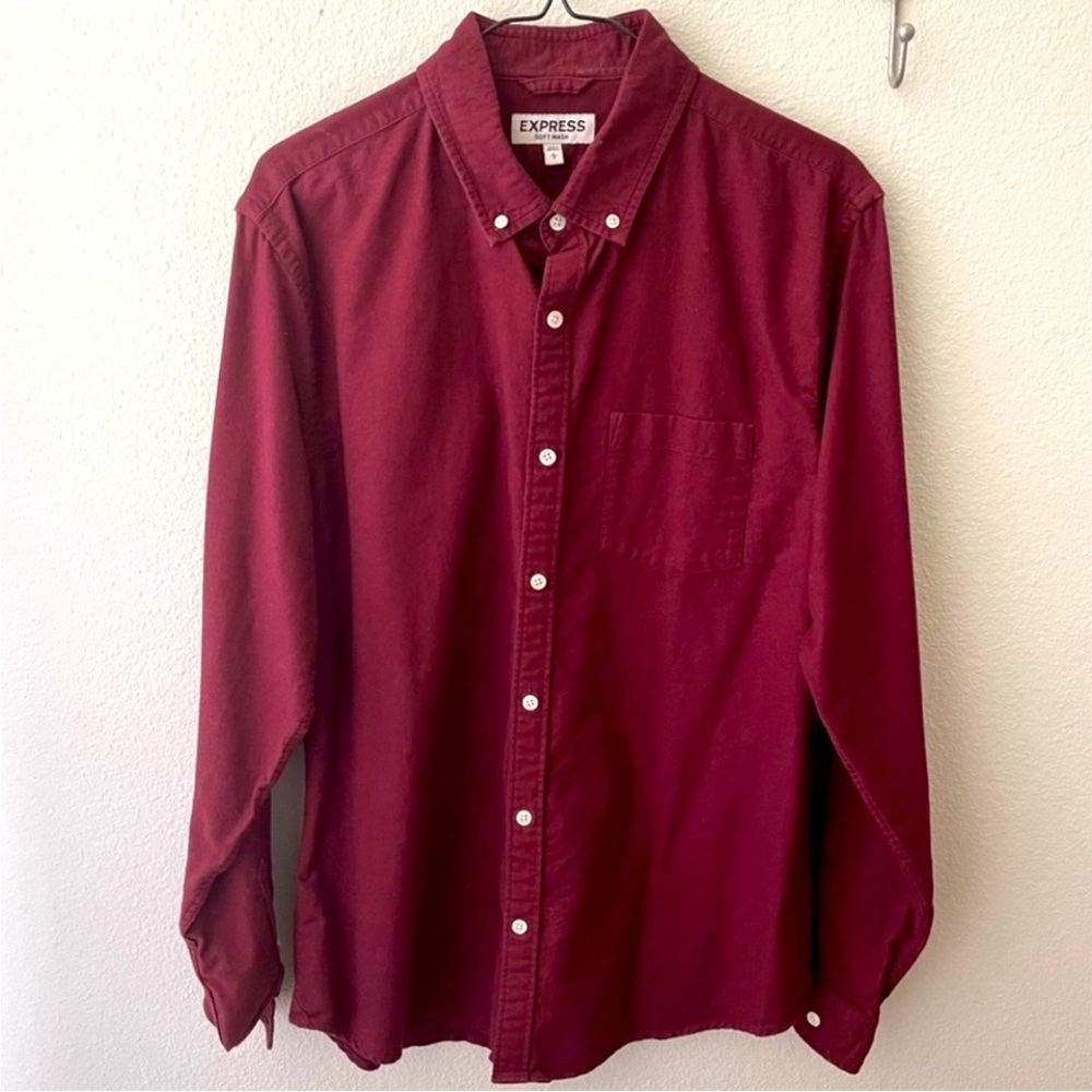 Express Burgundy Casual Button Down Shirt with Classic Collar